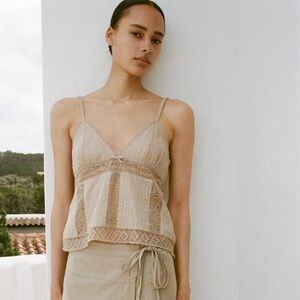 Zara Embroidered Beige Lace Detail Top in L